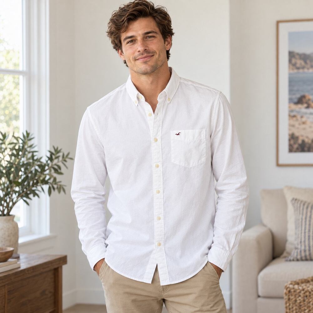 Hollister Mens M White Stretch Oxford Button Down Shirt Logo Pocket Cotton